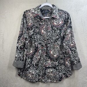 Chaps No Iron Long Sleeve Blouse Women's 1X Paisley Button Front Shirt Flip Cuff